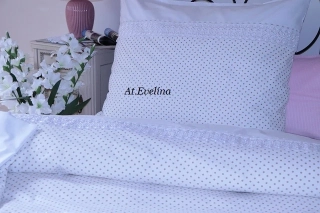 Ložní povlečení 140x200,70x90 cm bílé s béžovým puntíkem,krajkou a volánky